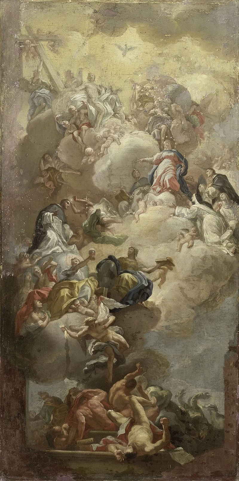Gloria di Maria tra Cristo con la croce,santi e angeli, in basso eretici